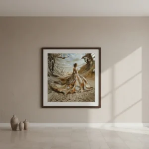 Сюрреалистична жена в бална рокля, заобиколена от топящи се часовници сред мъртви дървета в пустиня