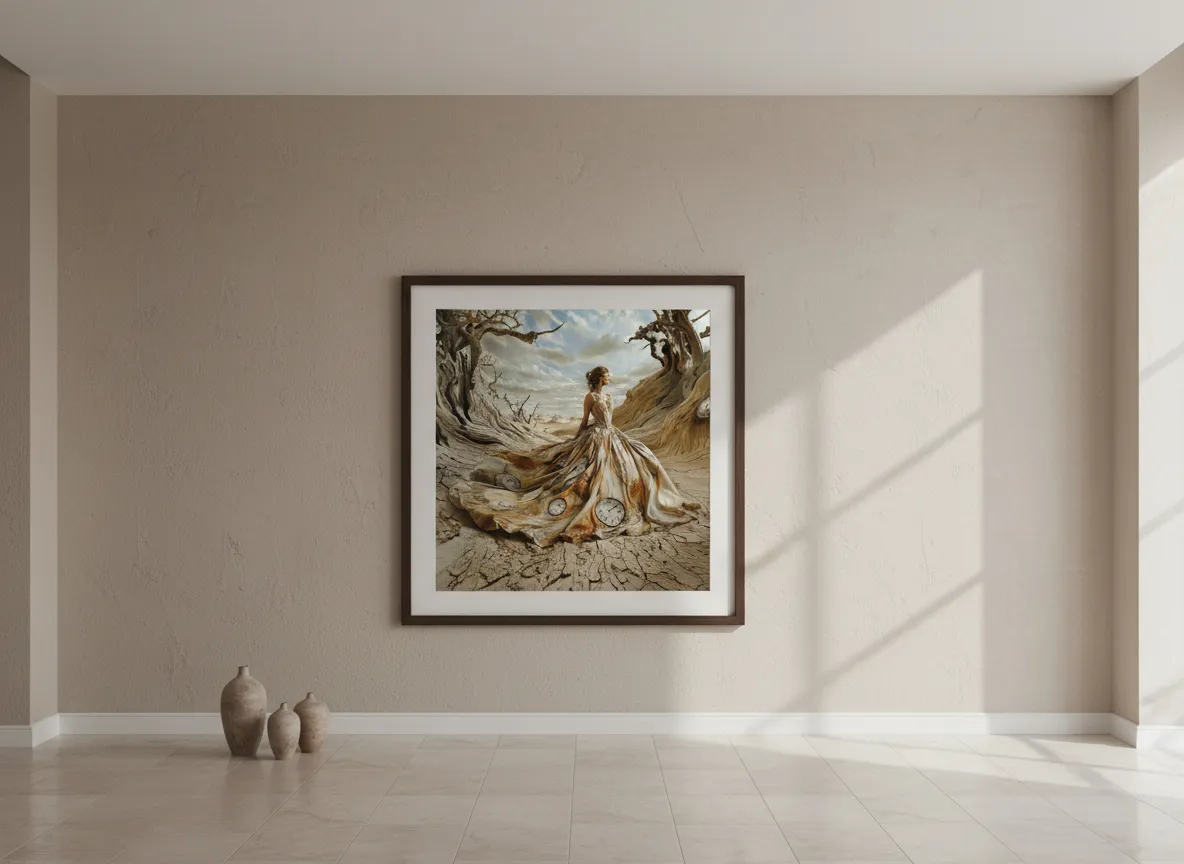 Сюрреалистична жена в бална рокля, заобиколена от топящи се часовници сред мъртви дървета в пустиня