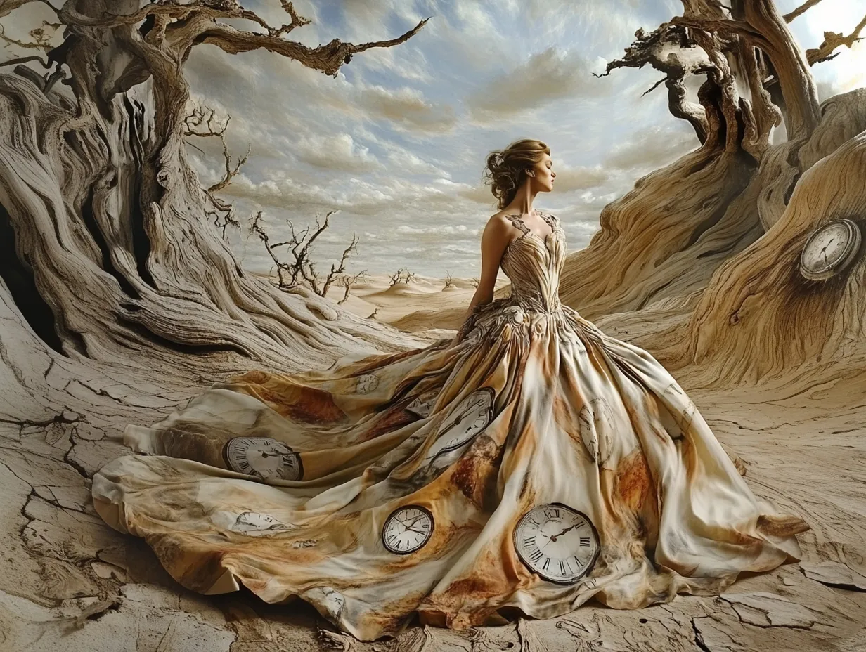 Сюрреалистична жена в бална рокля, заобиколена от топящи се часовници сред мъртви дървета в пустиня
