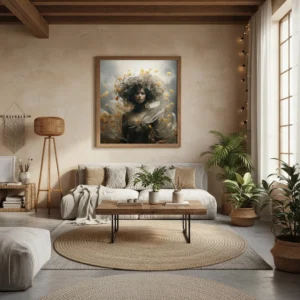 Ефирна жена с бурна коса от сиви нишки и летящи жълти есенни цветя (невен), обгърната в мъгла и прозрачни воали, топла златна гама, мечтателен сюрреалистичен портрет