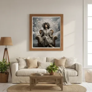 Ефирна жена в кресло, обградена от летящи глухарчета и пух, мечтателен сюрреалистичен портрет в пастелни тонове