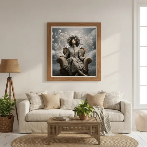 Ефирна жена в кресло, обградена от летящи глухарчета и пух, мечтателен сюрреалистичен портрет в пастелни тонове