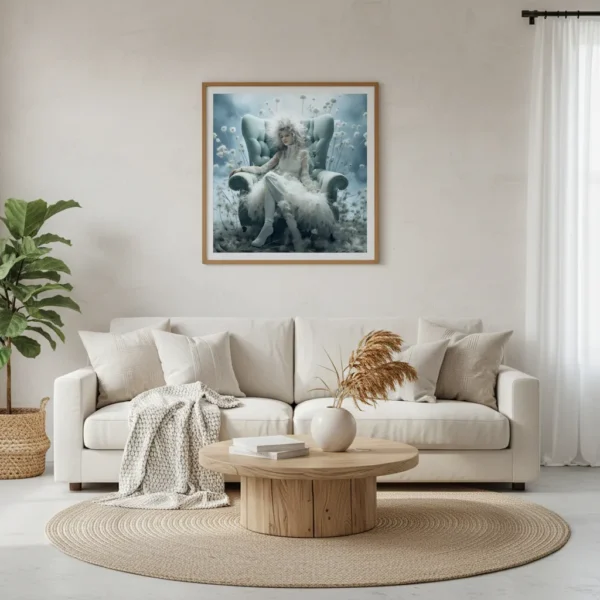 Ефирна жена в светло синьо кресло, обградена от летящи глухарчета и пух, мечтателен сюрреалистичен портрет в пастелни тонове