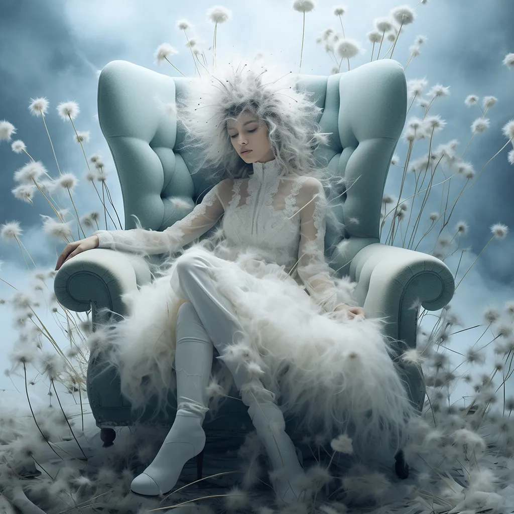 Ефирна жена в светло синьо кресло, обградена от летящи глухарчета и пух, мечтателен сюрреалистичен портрет в пастелни тонове