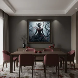 Тъмна готическа жена в черна дантелена рокля, обгърната от черни клони с червени листа и цветя, сюрреалистична тъмна фентъзи сцена на сив фон