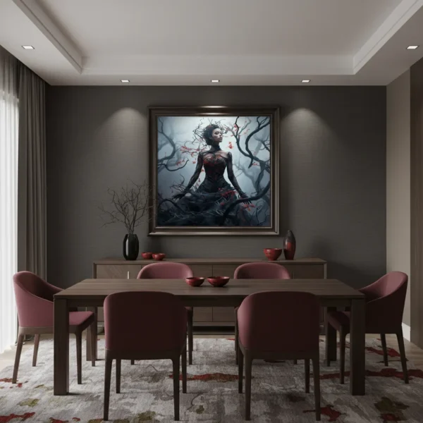 Тъмна готическа жена в черна дантелена рокля, обгърната от черни клони с червени листа и цветя, сюрреалистична тъмна фентъзи сцена на сив фон