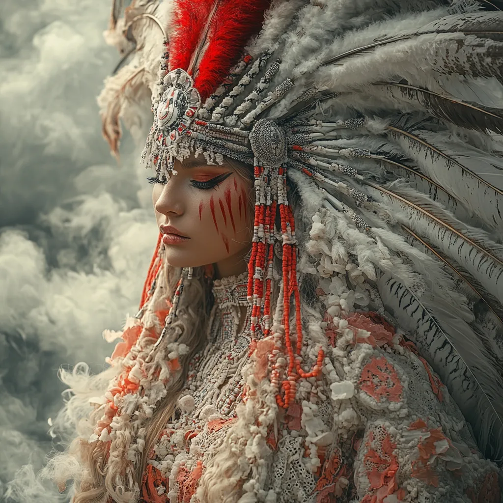 Ефирна жена в пищна индианска воинска прическа с червени и бели пера, бижута от мъниста и раковини, драматичен грим с червени ивици на лицето, мистична мъгла наоколо, сюрреалистичен фентъзи портрет