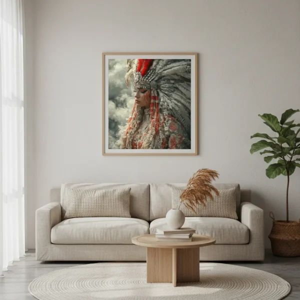 Ефирна жена в пищна индианска воинска прическа с червени и бели пера, бижута от мъниста и раковини, драматичен грим с червени ивици на лицето, мистична мъгла наоколо, сюрреалистичен фентъзи портрет