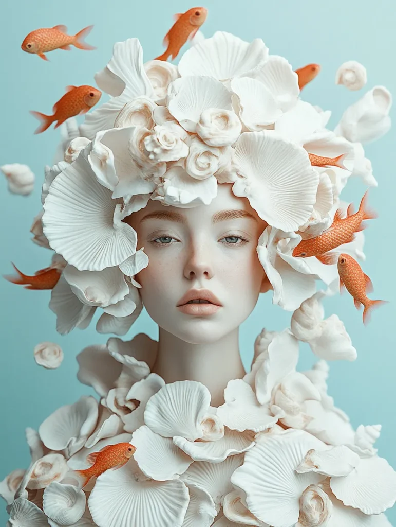 Сюрреалистична жена с корона от бели миди и перли, обградена от плаващи златни рибки – морски арт принт за стена
