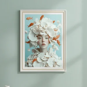 Сюрреалистична жена с корона от бели миди и перли, обградена от плаващи златни рибки – морски арт принт за стена