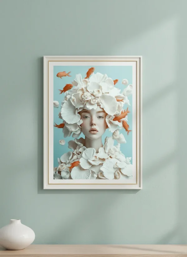 Сюрреалистична жена с корона от бели миди и перли, обградена от плаващи златни рибки – морски арт принт за стена