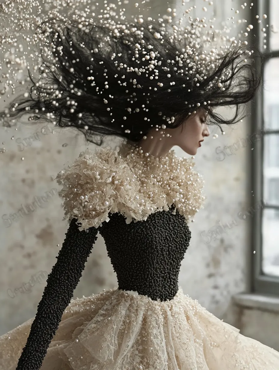 Драматична жена с черна коса, обгърната от вихър от бели перли, черна перлена рокля с дълги ръкави, елегантен профил в тъмна гама, висша мода сюрреализъм