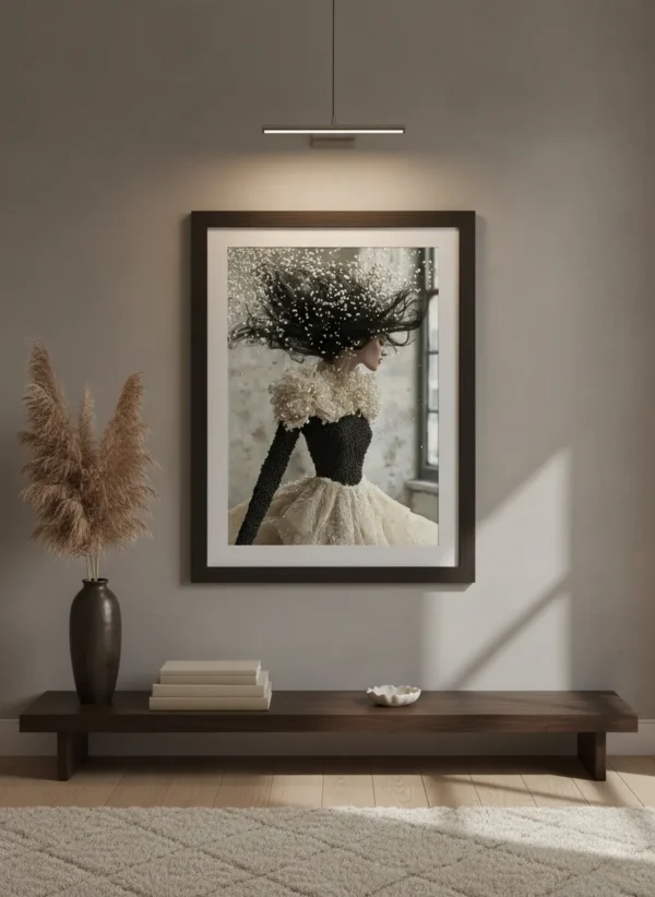 Драматична жена с черна коса, обгърната от вихър от бели перли, черна перлена рокля с дълги ръкави, елегантен профил в тъмна гама, висша мода сюрреализъм