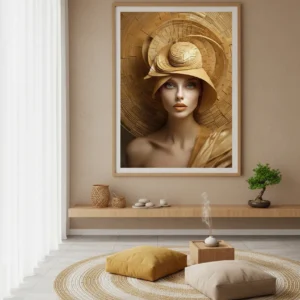 Елегантна жена с огромна сламена шапка от бамбукови плочки в топъл кафяв тон – сюрреалистичен портрет принт за стена