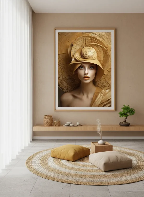 Елегантна жена с огромна сламена шапка от бамбукови плочки в топъл кафяв тон – сюрреалистичен портрет принт за стена
