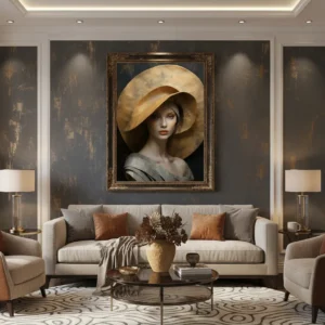 Елегантна жена с огромна сламена шапка от бамбукови плочки в топъл кафяв тон – сюрреалистичен портрет принт за стена