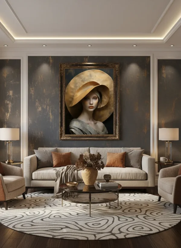 Елегантна жена с огромна сламена шапка от бамбукови плочки в топъл кафяв тон – сюрреалистичен портрет принт за стена