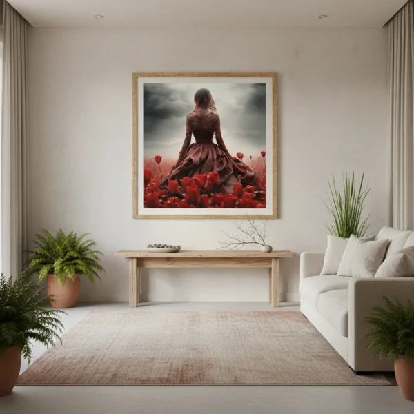 Силует на жена в профил отзад, облечена в пищна червена рокля с дълги ръкави и воал, застанала сред безкрайно поле от цъфнали червени лалета. Небето е тъмно и буреносно, планини в далечината – създава усещане за романтика, сила и мистерия. Идеален за всекидневна, спалня или пространство с тъмни акценти – носи емоция и дълбочина. Психологическо въздействие на цветовете