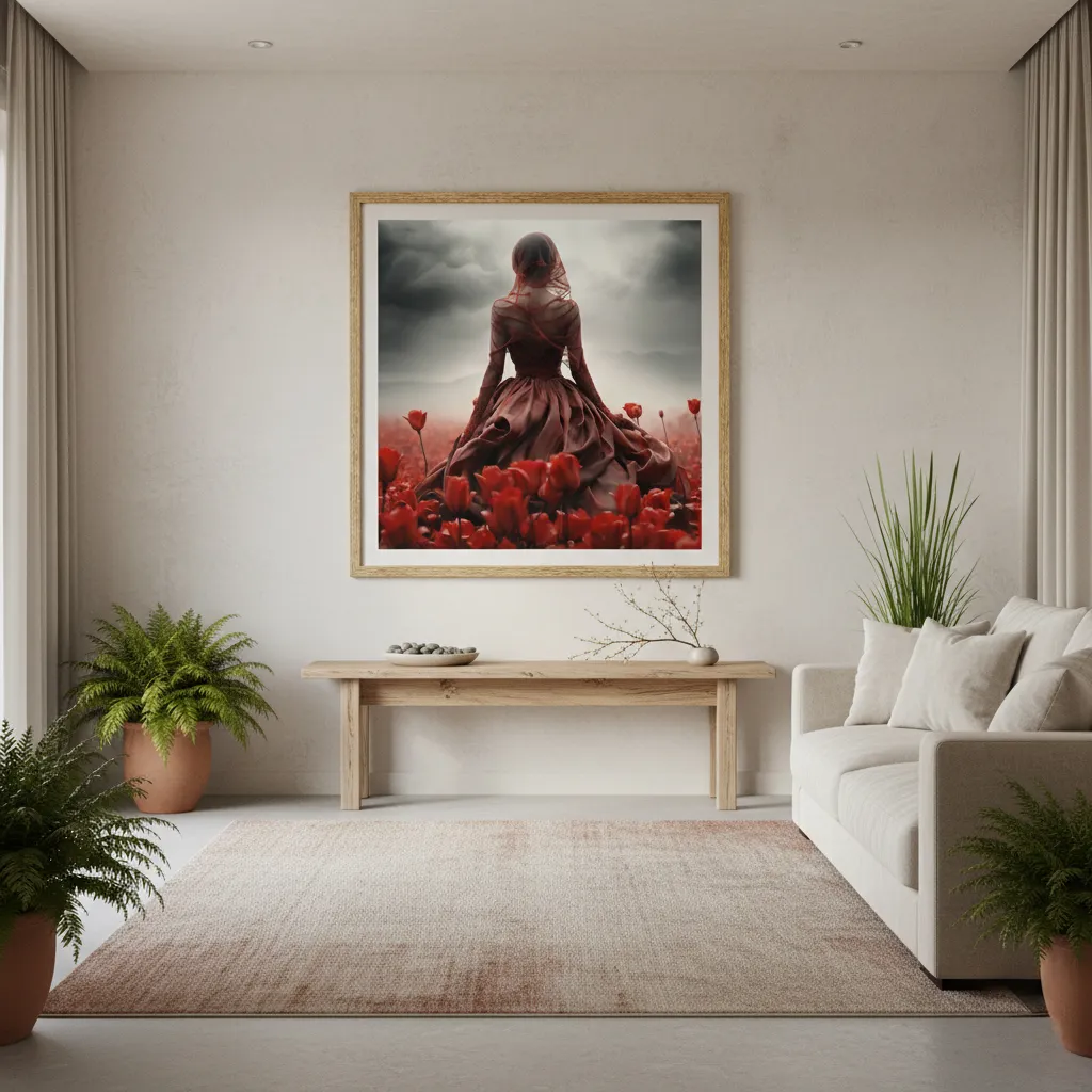 Силует на жена в профил отзад, облечена в пищна червена рокля с дълги ръкави и воал, застанала сред безкрайно поле от цъфнали червени лалета. Небето е тъмно и буреносно, планини в далечината – създава усещане за романтика, сила и мистерия. Идеален за всекидневна, спалня или пространство с тъмни акценти – носи емоция и дълбочина. Психологическо въздействие на цветовете