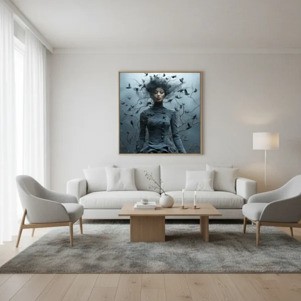 Жена в сива рокля с мрежа от голи клони и птици, тъмен сюрреалистичен портрет с природа фюжън