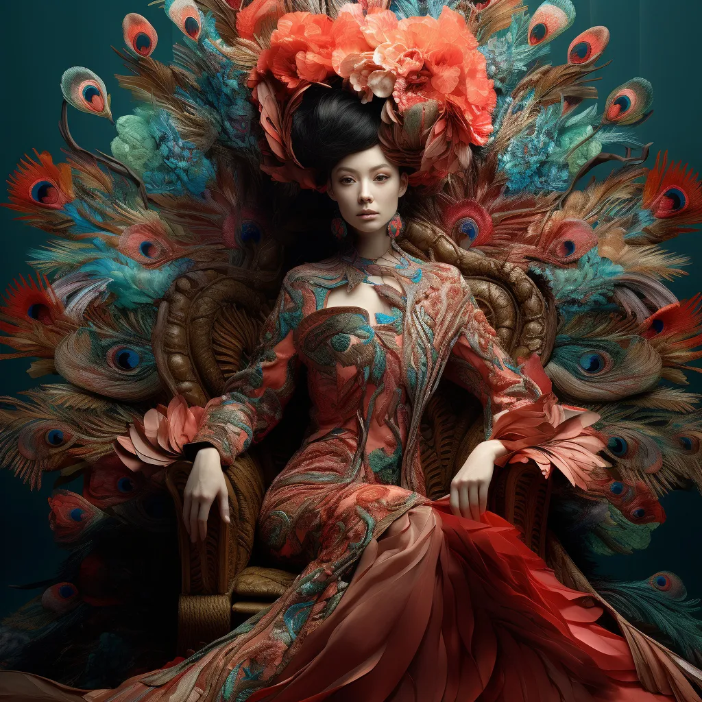 Екзотична жена на трон от паунови пера в тюркоазено-синьо и оранжево, огромна корона от цветя и пера, богата рокля с паунови мотиви, луксозен сюрреалистичен портрет в тъмно-зелен фон