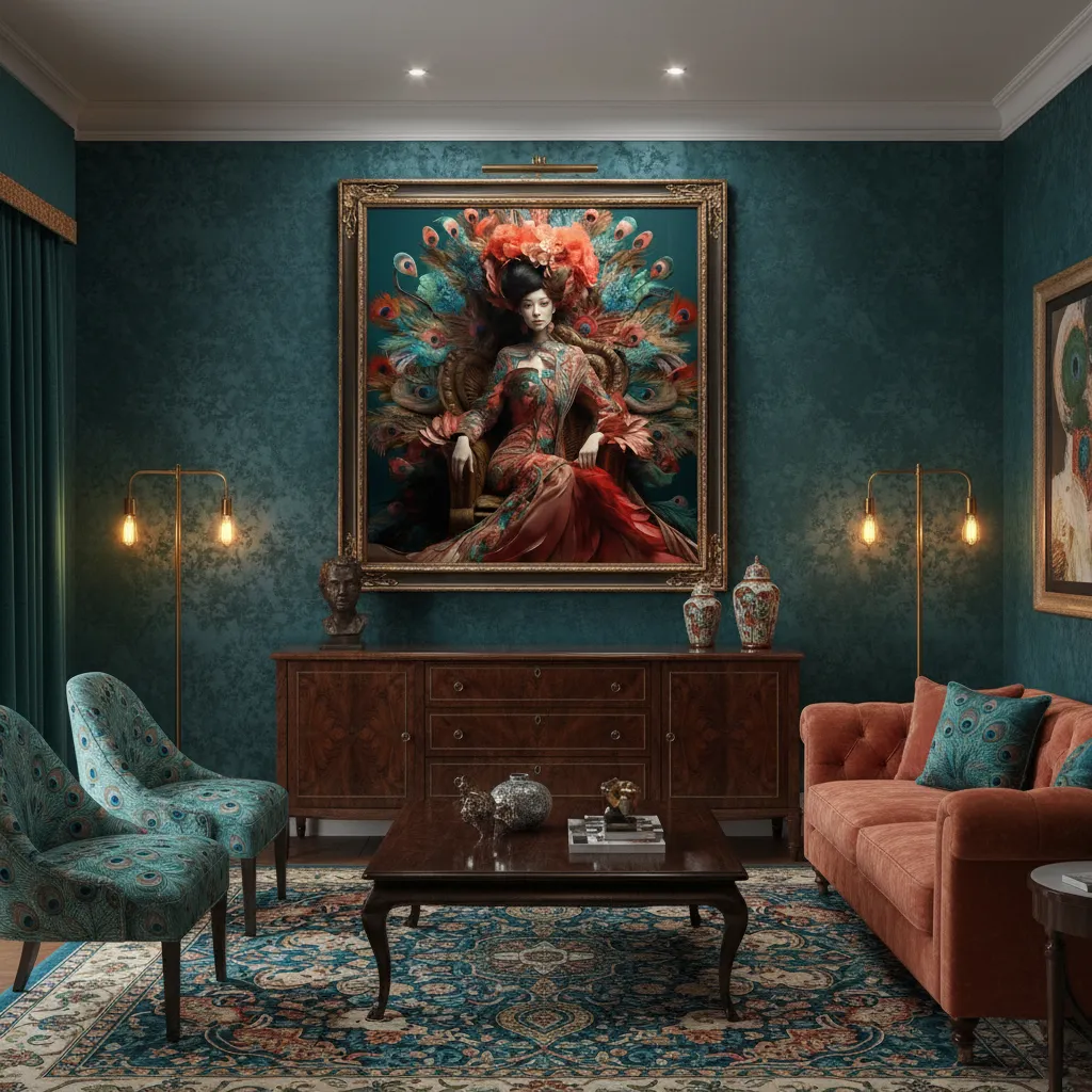 Екзотична жена на трон от паунови пера в тюркоазено-синьо и оранжево, огромна корона от цветя и пера, богата рокля с паунови мотиви, луксозен сюрреалистичен портрет в тъмно-зелен фон