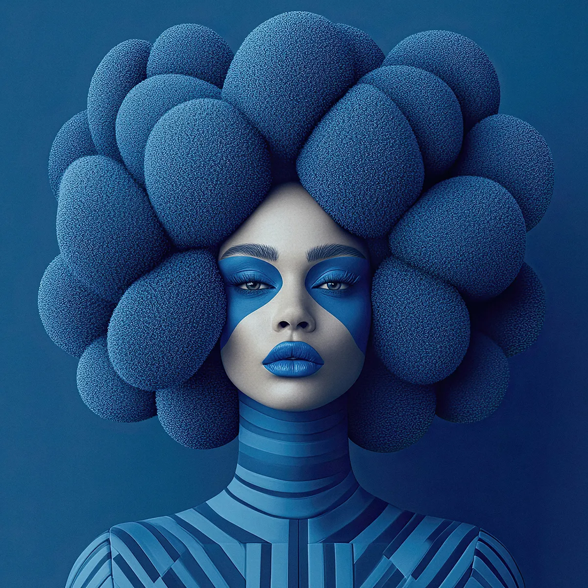 Футуристичен портрет на жена с обемна афро прическа от сини текстурирани сфери, смело син грим и устни, дълбок син фон, абстрактен 3D сюрреалистичен арт синия цвят