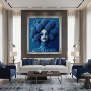 Футуристичен портрет на жена с обемна афро прическа от сини текстурирани сфери, смело син грим и устни, дълбок син фон, абстрактен 3D сюрреалистичен арт