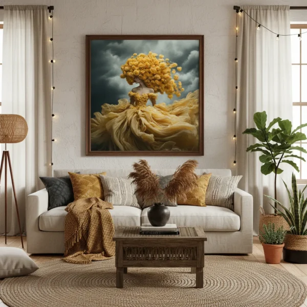 Жена с огромна корона и рокля от жълти цветя, сюрреалистична златна флорална визия под тъмни облаци