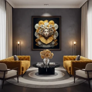 жена с корона и яка от хартиени ветрила, цветя и орнаменти в златисто-бяло – мечтателен флорален арт принт за стена