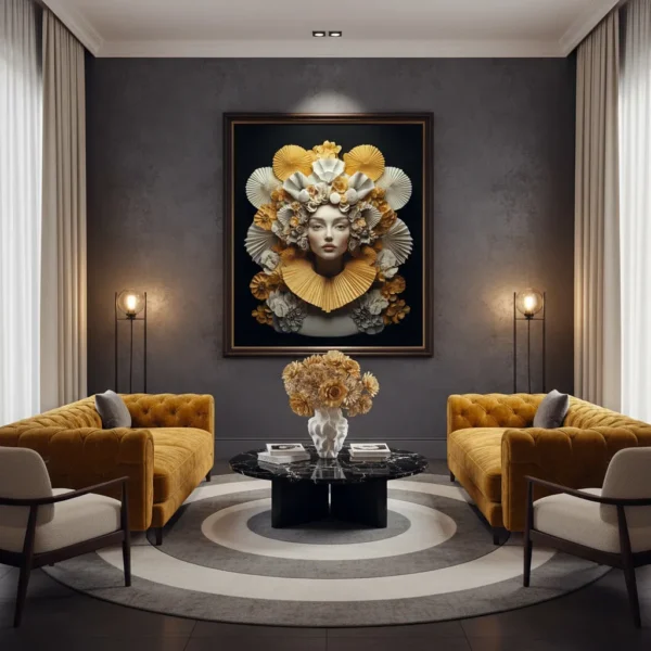 жена с корона и яка от хартиени ветрила, цветя и орнаменти в златисто-бяло – мечтателен флорален арт принт за стена