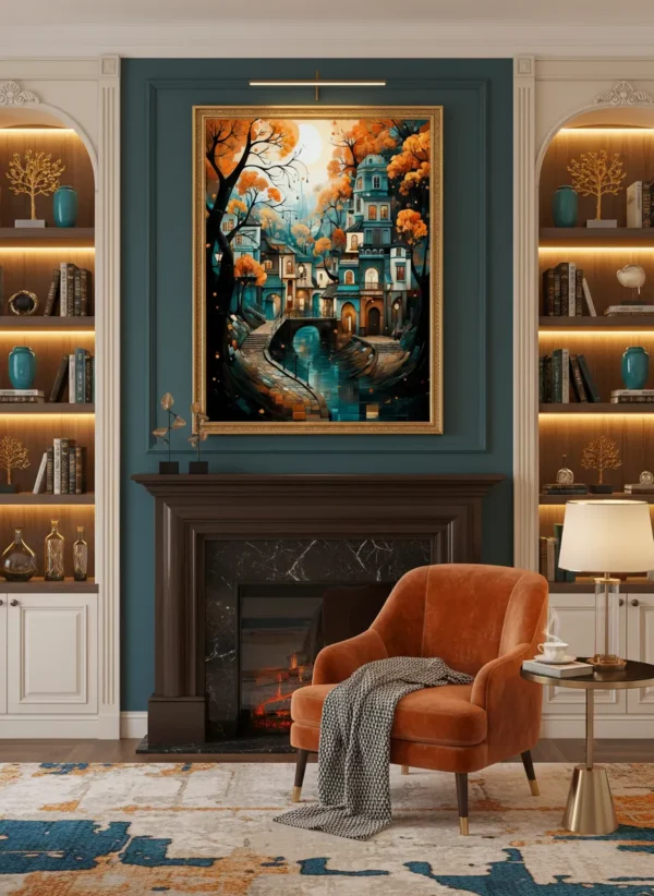 Абстрактни бели и сини къщи с дърво и оранжеви топки – модерен градски арт принт за стена