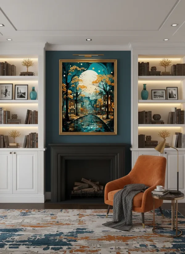 Мечтателен нощен град с есенни дървета, голяма луна и канал – сюрреалистичен градски принт за стена