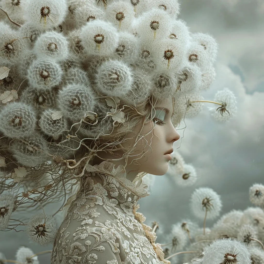 Етерична жена в профил с корона от пухчета на глухарче и летящи семена – мечтателен цветен арт принт за стена