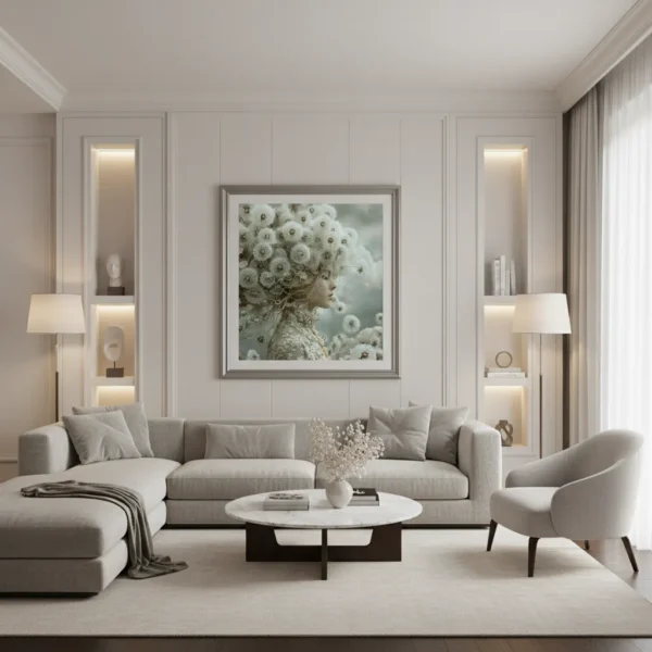 Етерична жена в профил с корона от пухчета на глухарче и летящи семена – мечтателен цветен арт принт за стена