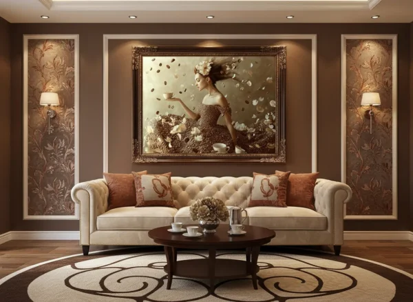 Сюрреалистична жена в рокля от кафеени зърна, с летящи зърна и цветя в косата – ароматен мечтателен принт за стена