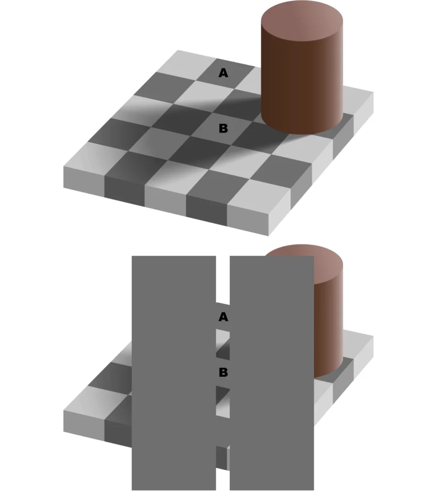 Оптична илюзия с шахматна дъска и зелен цилиндър, показваща че квадратите A и B са с еднакъв цвят въпреки различното възприятие.