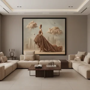 Жена в дълга рокля от кафяви зърна (като кафе), с прическа от зърна, заобиколена от облаци от кафяви частици над градски силует, топли кафяви тонове