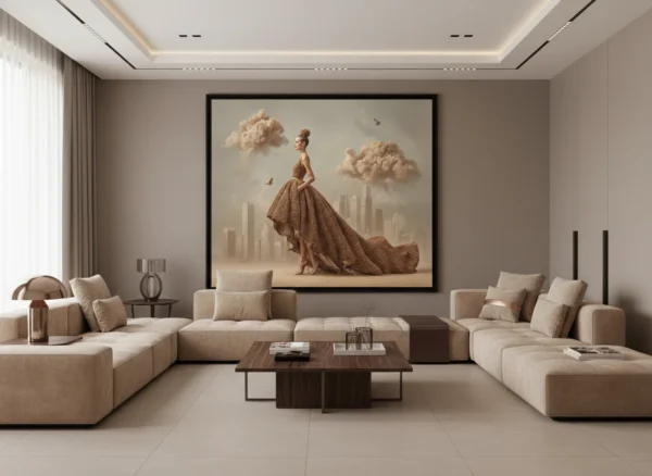 Жена в дълга рокля от кафяви зърна (като кафе), с прическа от зърна, заобиколена от облаци от кафяви частици над градски силует, топли кафяви тонове