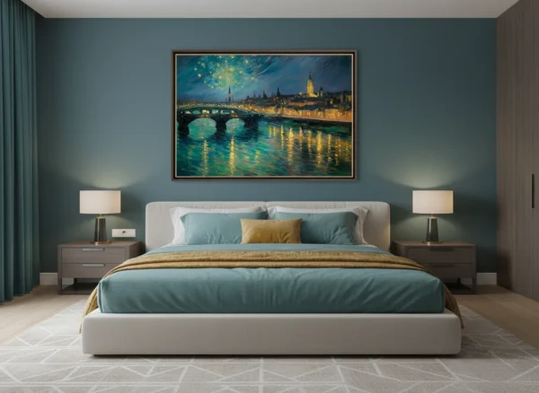 Нощен мост над река с отразени светлини, градски силуети и вихрено звездно небе с луна, импресионистичен стил в синьо и златисто