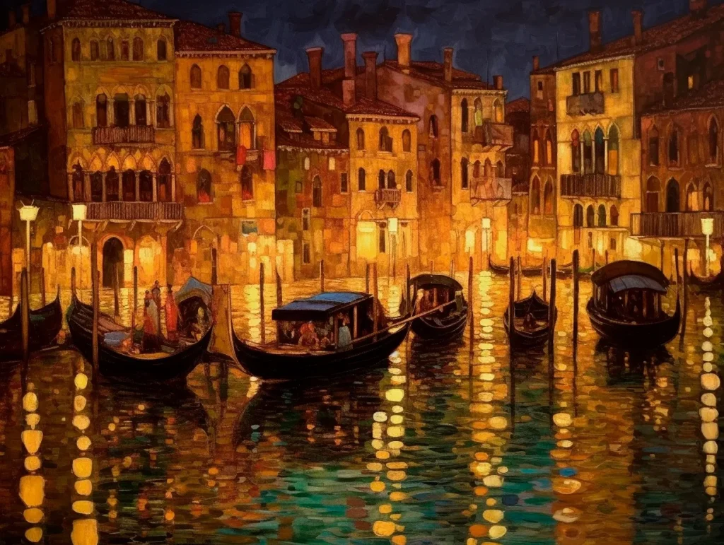 градски пейзаж с нощен канал във Венеция с гондоли и високи къщи, топли оранжеви светлини от прозорци и фенери, отражения във водата, импресионистичен стил в тъмносиньо и златисто-оранжево принт постимпресионизъм
