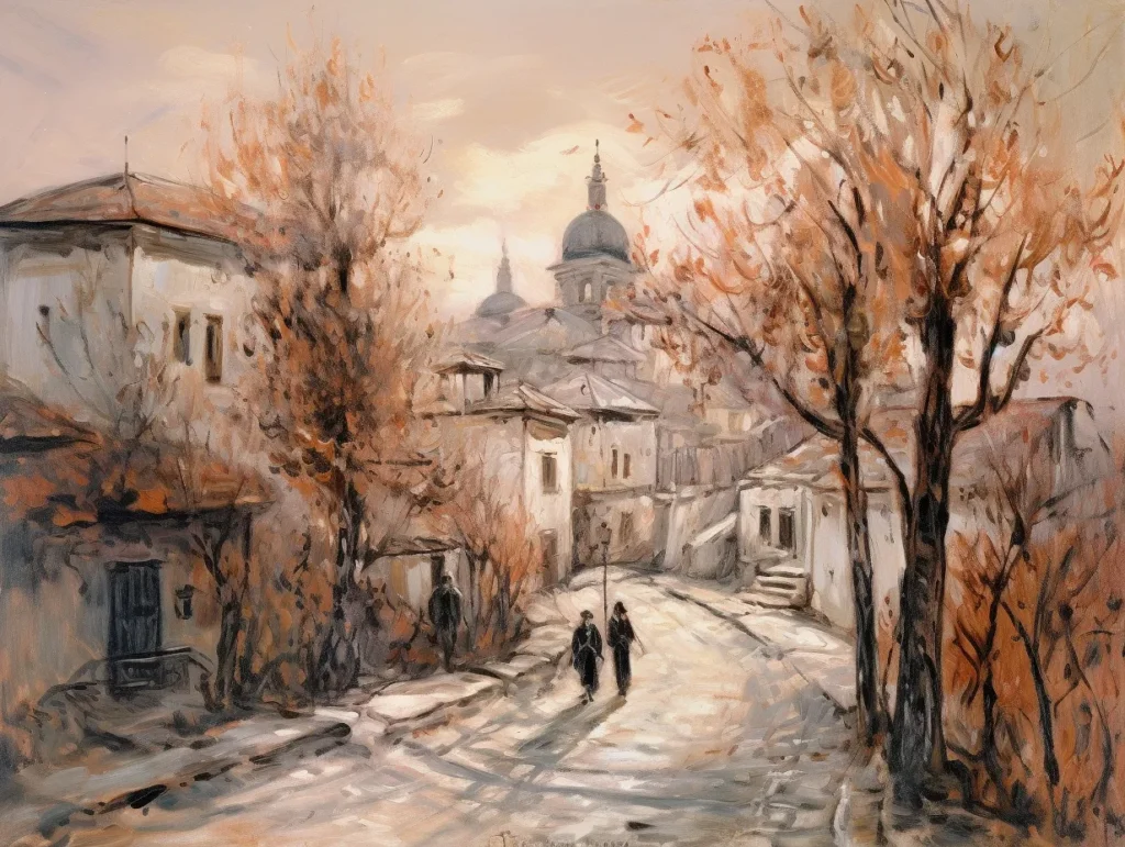 градски пейзаж със стара уличка в Пловдив с хълм, църква с купол и голи дървета през есен/зима, меки акварелни тонове в бежово, оранжево и сиво с изглед към града принт постимпресионизъм