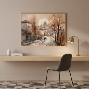 Стара уличка в Пловдив с хълм, църква с купол и голи дървета през есен/зима, меки акварелни тонове в бежово, оранжево и сиво с изглед към града