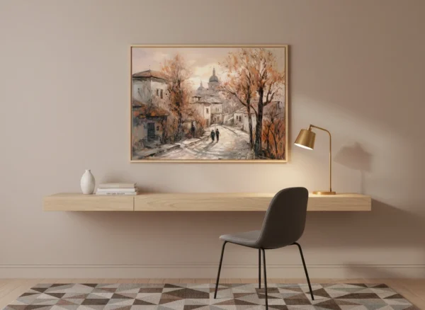 Стара уличка в Пловдив с хълм, църква с купол и голи дървета през есен/зима, меки акварелни тонове в бежово, оранжево и сиво с изглед към града