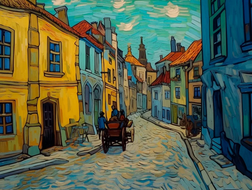 градски пейзаж с цветна стара уличка с жълти къщи, сини сенки, каруца и хора, импресионистичен стил на Ван Гог с ярки мазки в синьо, жълто и оранжево принт постимпресионизъм