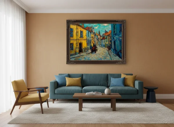 Цветна стара уличка с жълти къщи, сини сенки, каруца и хора, импресионистичен стил на Ван Гог с ярки мазки в синьо, жълто и оранжево