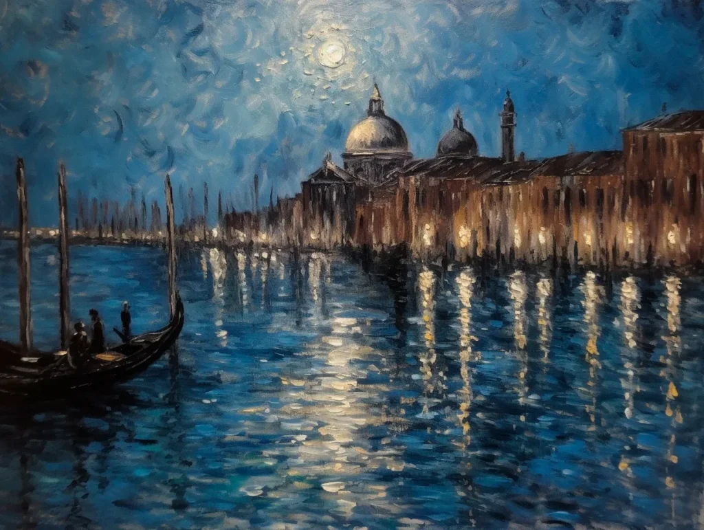 Нощна Венеция с гондола на преден план, Basilica di San Giorgio Maggiore и куполи под голяма луна, импресионистичен стил в синьо и златисти отражения