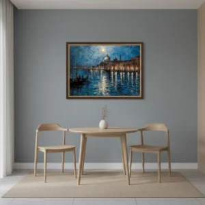 Нощна Венеция с гондола на преден план, Basilica di San Giorgio Maggiore и куполи под голяма луна, импресионистичен стил в синьо и златисти отражения