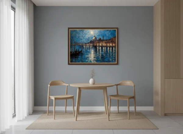 Нощна Венеция с гондола на преден план, Basilica di San Giorgio Maggiore и куполи под голяма луна, импресионистичен стил в синьо и златисти отражения