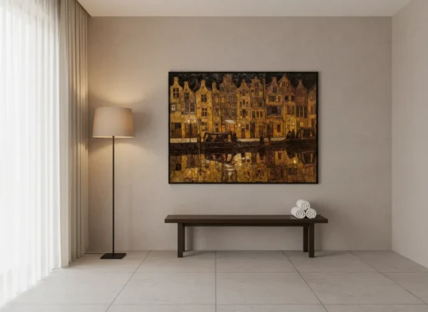 Нощен канал в Брюж с отразена луна, класически къщи с топли прозорци, лодки и силуети на хора по брега, импресионистичен стил с топли и тъмни тонове